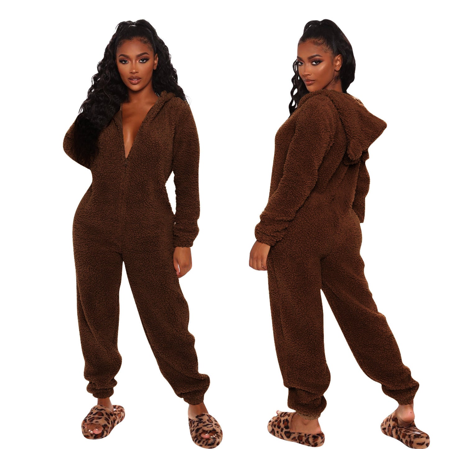 Long Sleeve Hooded Casual Trousers Plush Jumpsuits