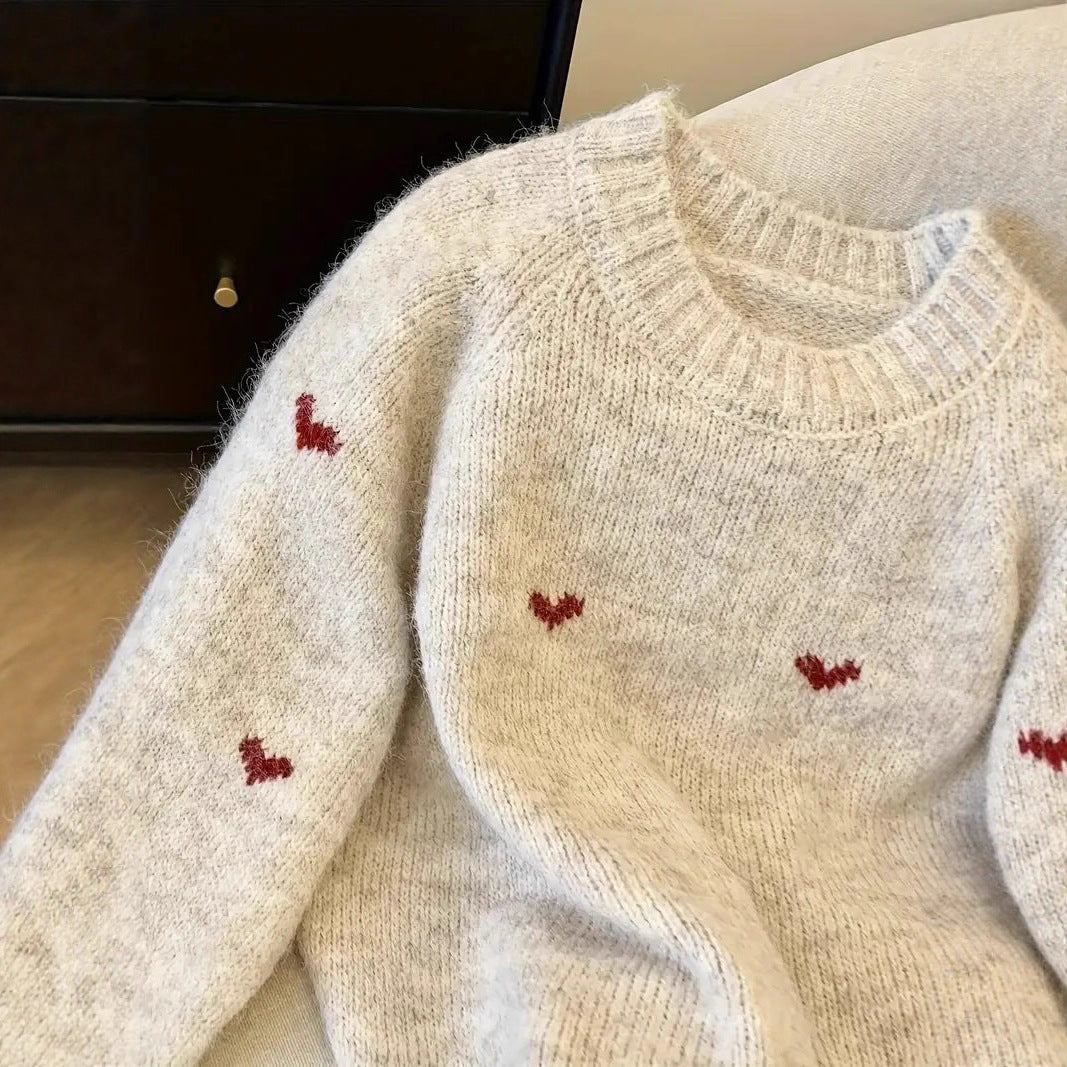 Heart Jacquard Warm Loose Round Neck Sweater