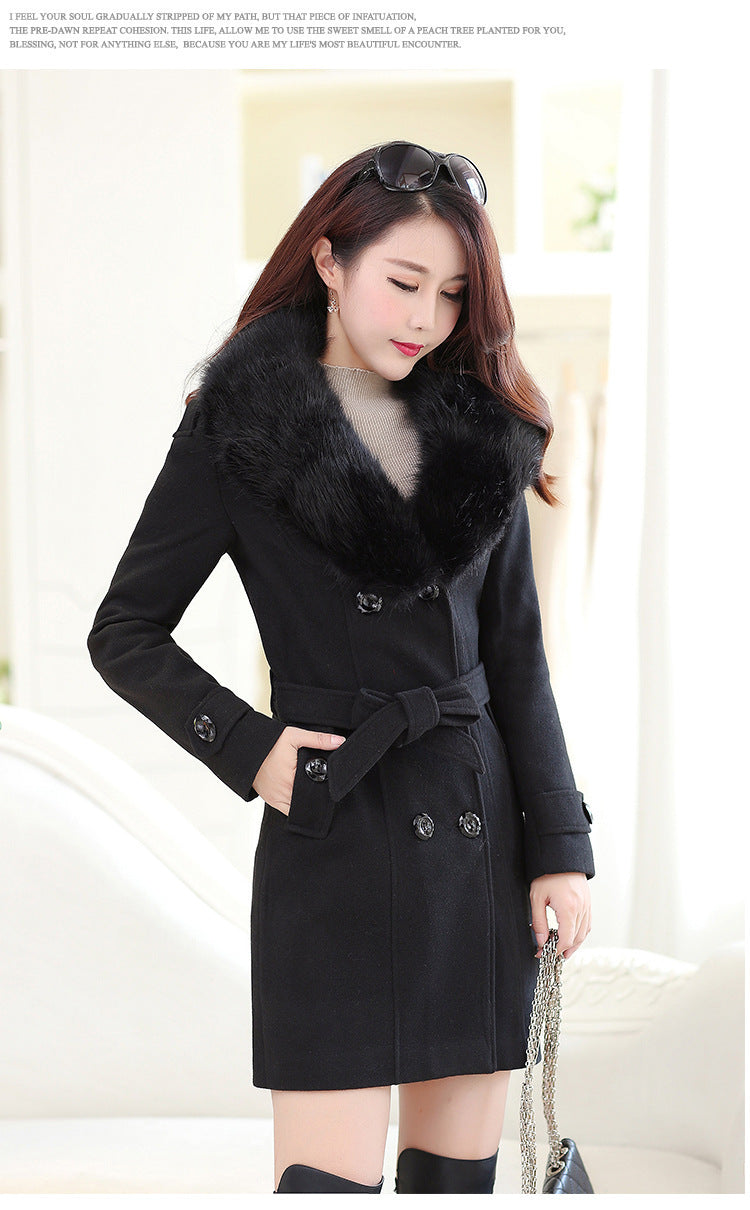 Women's Large Woolen Double-breasted Fur Collar Coats