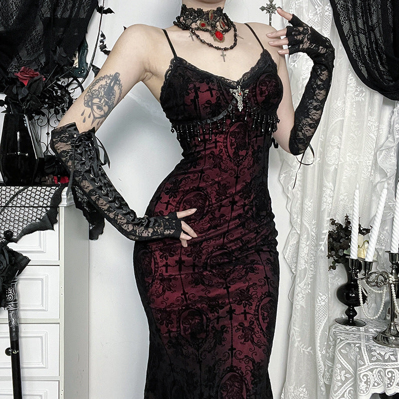 Women's Dark Goth Style Flocking Suspender Dress Dresses