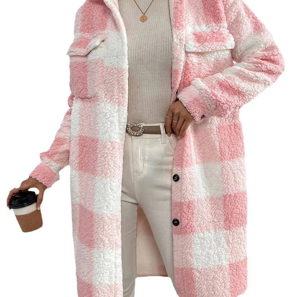 Women's Open Button Lapel Plush Plaid Loose Coats