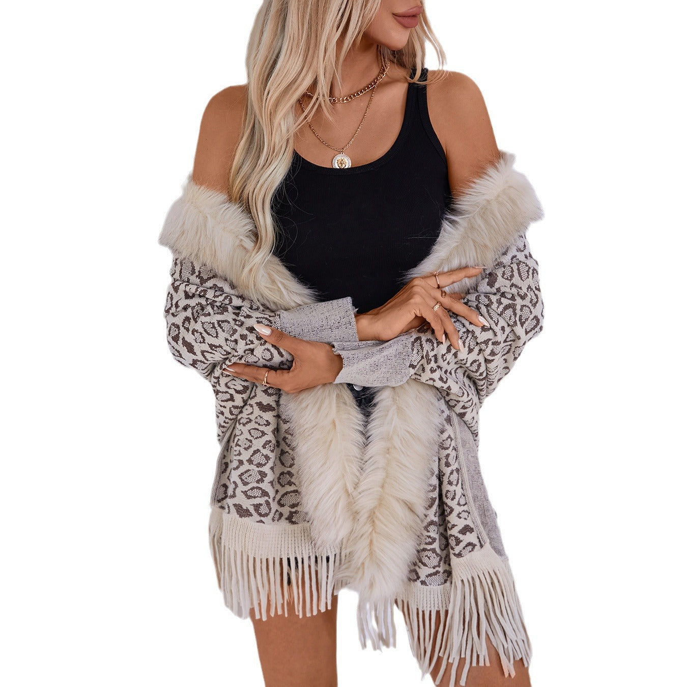 Women's Leopard Print Fur Collar Shawl Knitted Loose Batwing Sleeve Sweater
