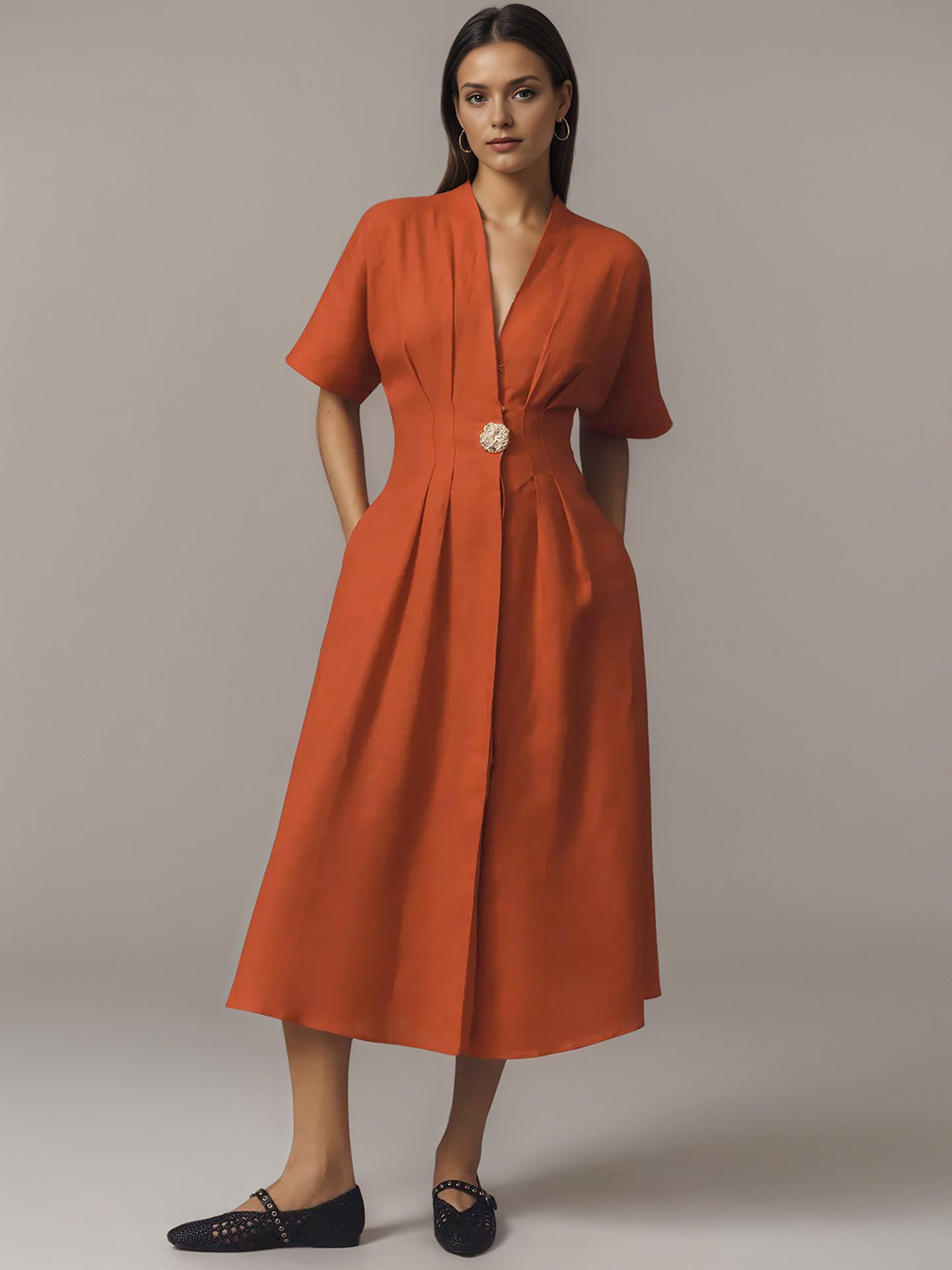 Women's French Dress Sleeve Front Button Loose Dresses