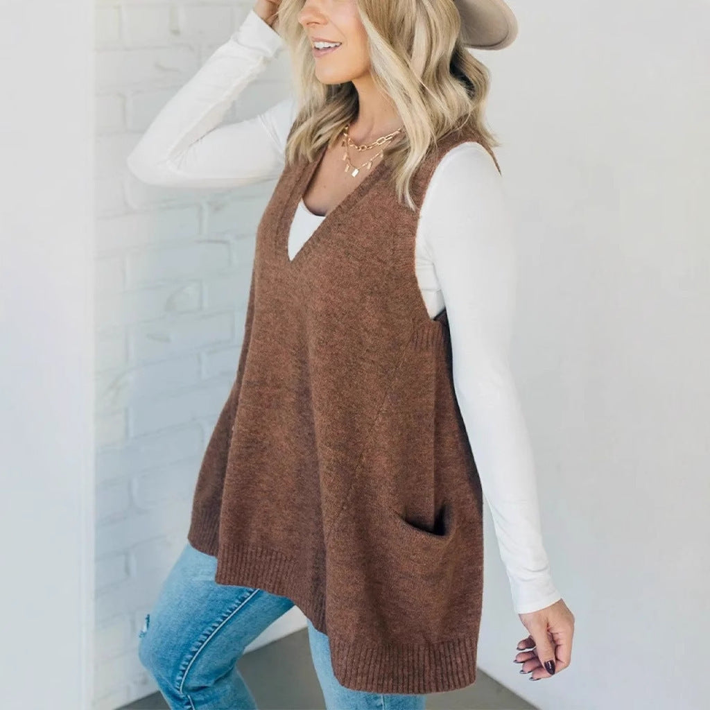 Trendy Classy Color Pocket Knitted Sleeveless Sweater