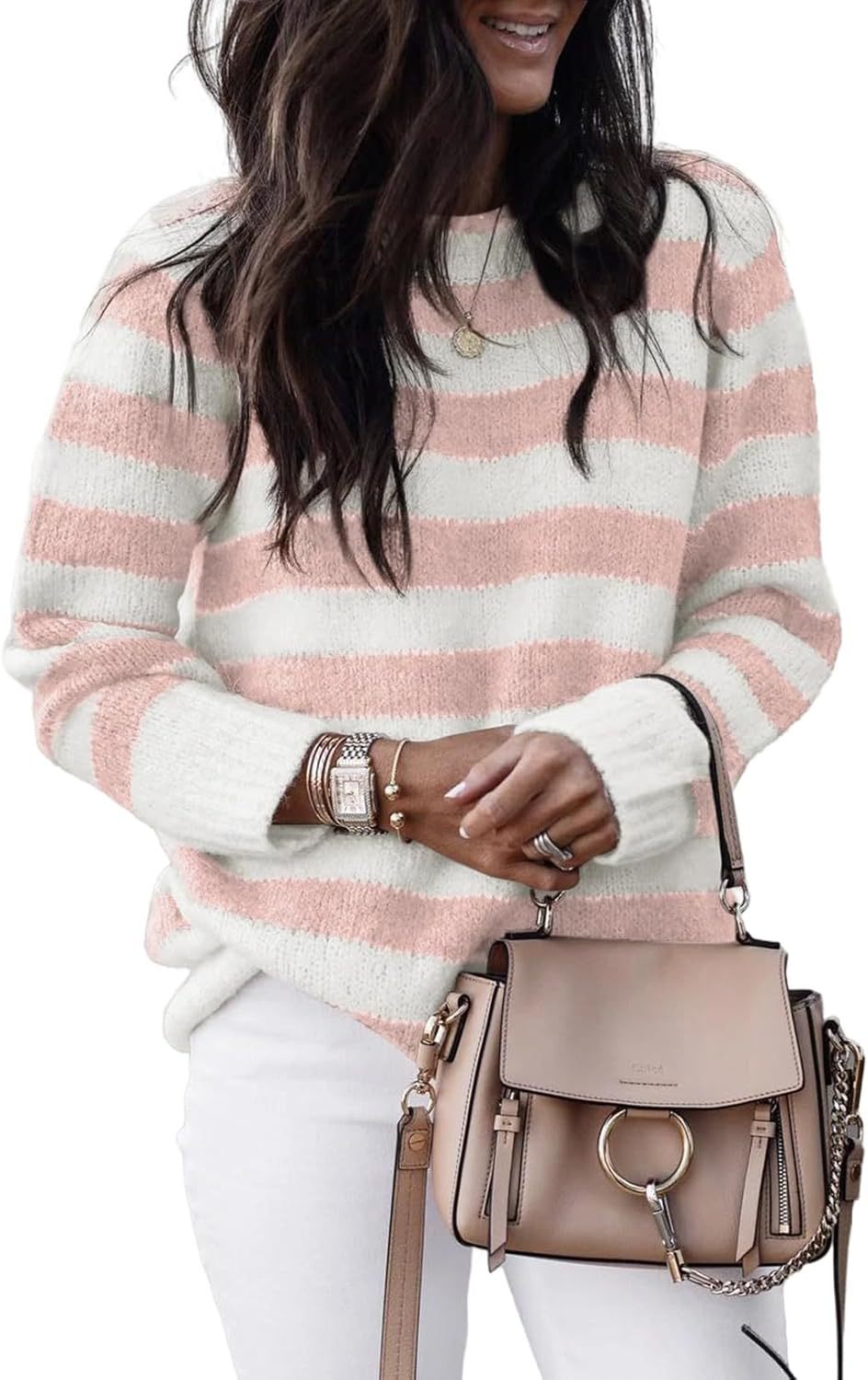 Women's Neck Striped Cute Color Matching Pullover Sweater