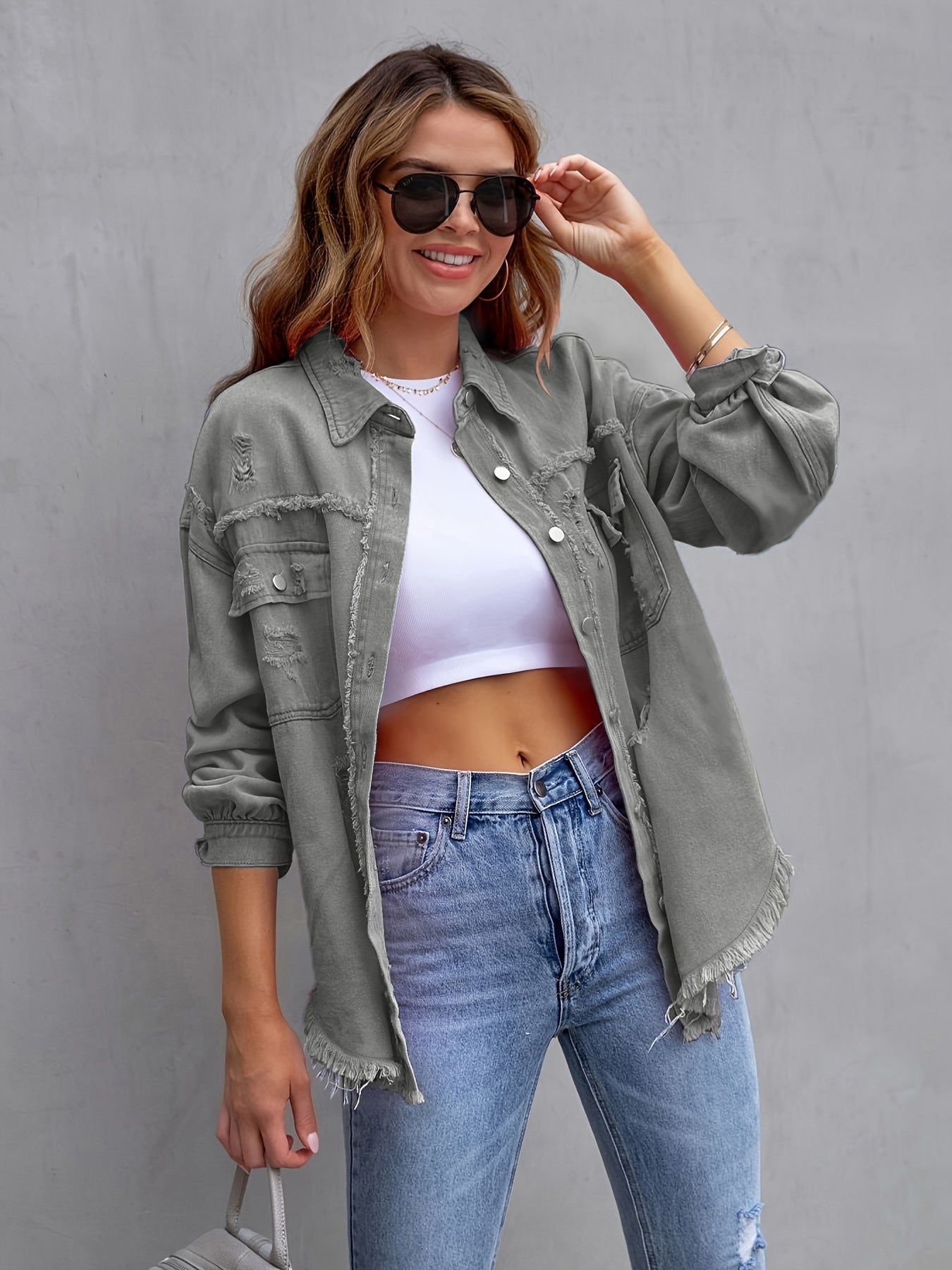Women's Solid Color Loose Ripped Long Sleeves Jackets