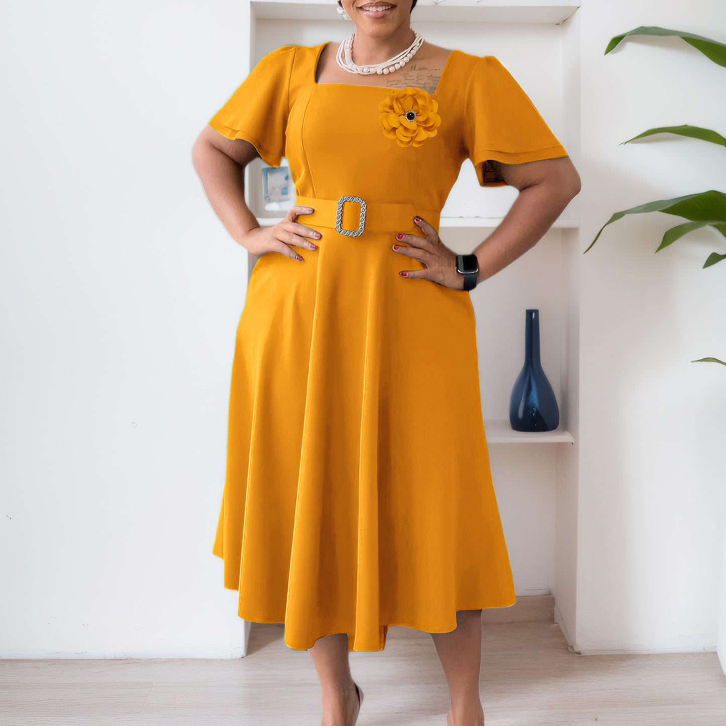 Women's Female Fashion Square Collar Solid Color Dresses