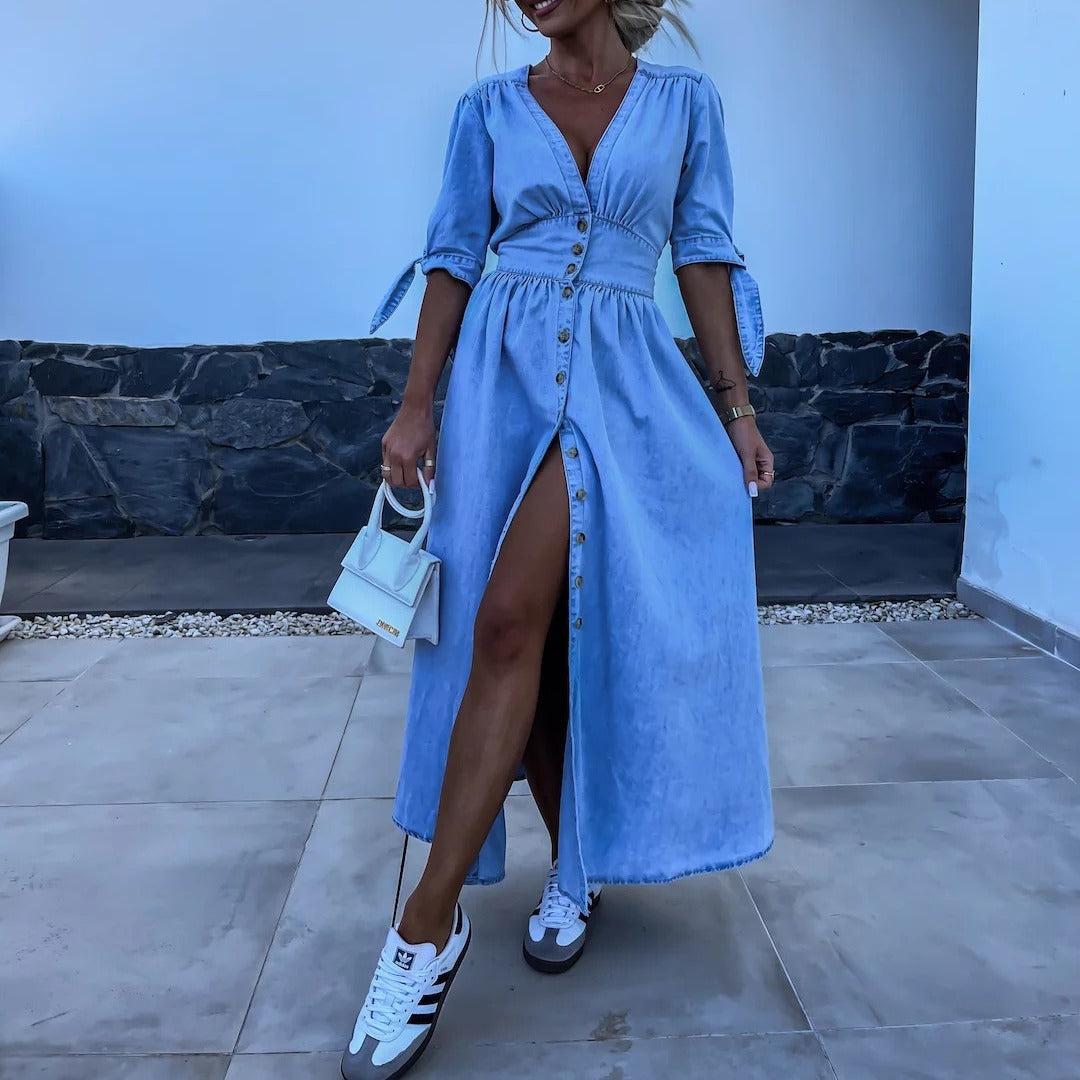 Women's Fashion Sexy Long Button Denim Dress Dresses