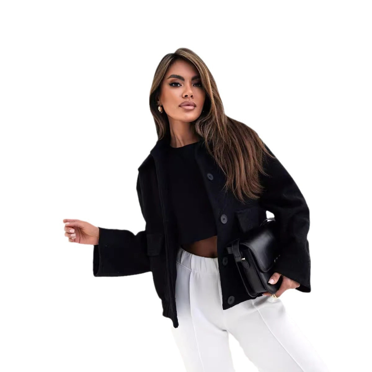 Women's Fashion Solid Color Pocket Breasted Woolen Coats