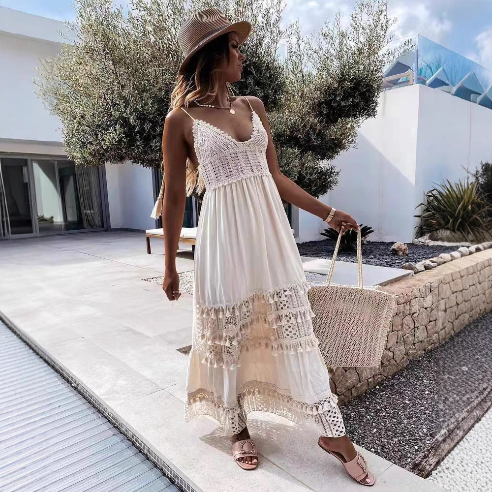 Women's Dress Casual Lace Stitching Sleeveless Long Dresses