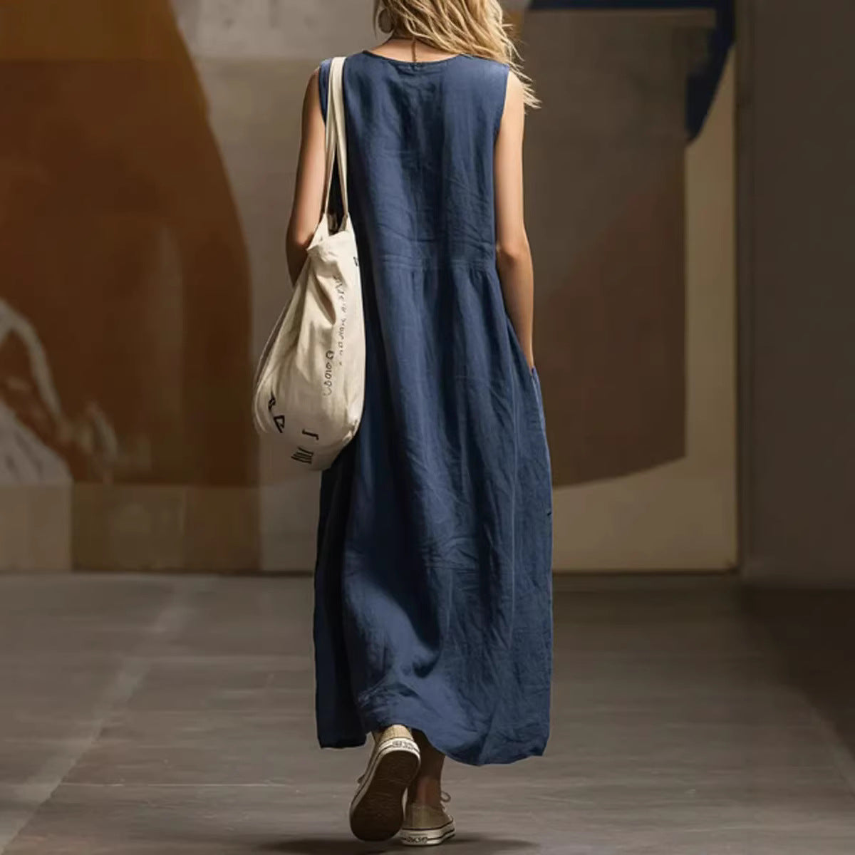 Women's Loose Simple Sleeveless Pocket Cotton Linen Dress