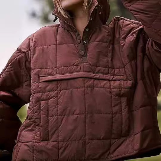 Women's Color Hooded Cotton Foldable Padded Pullover Pocket Long Coats