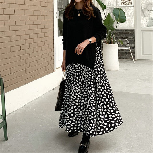 Long-sleeved T-shirt Stitching Printing Swing Dress Dresses