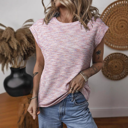 Women's Fashion Waffle Round Neck Solid Color Blouses
