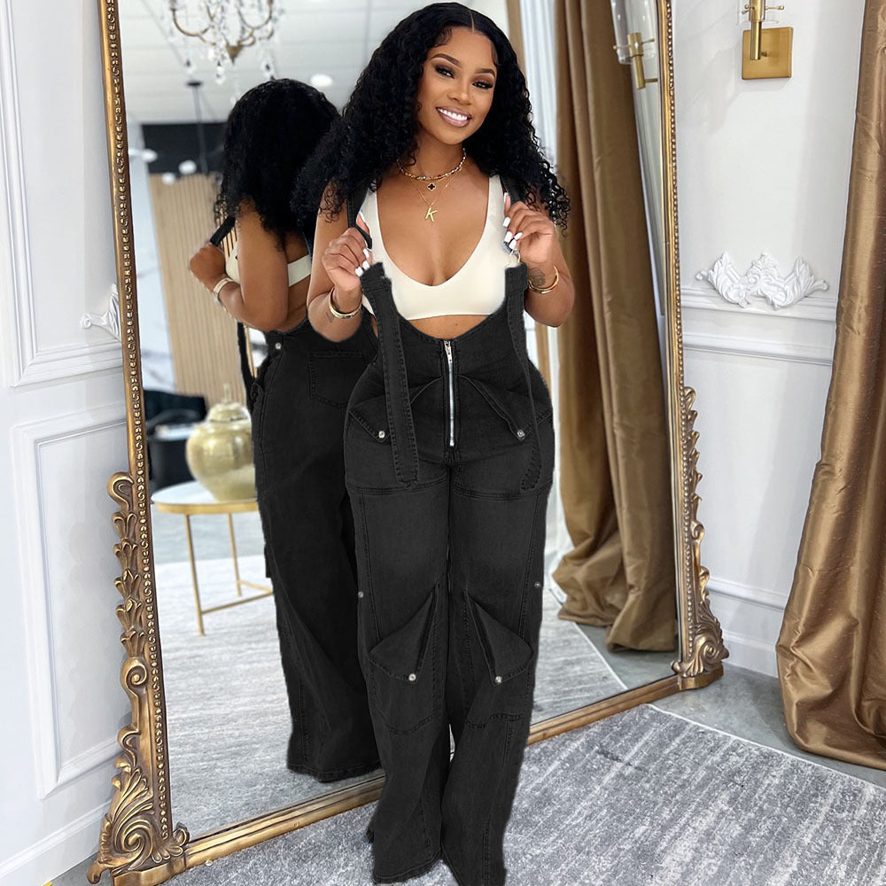 Women's Denim Overalls Summer Street Casual Zipper Washed Jumpsuits