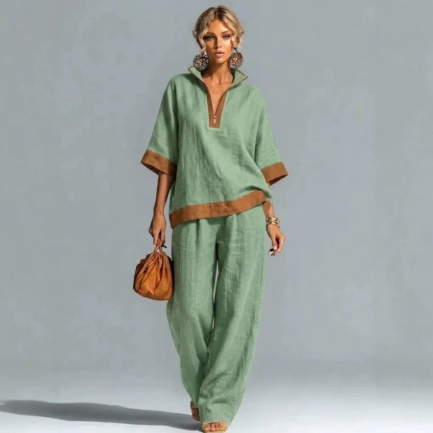Women's Color Half Zipper Cotton Linen Half-sleeve Fashion Casual Suit