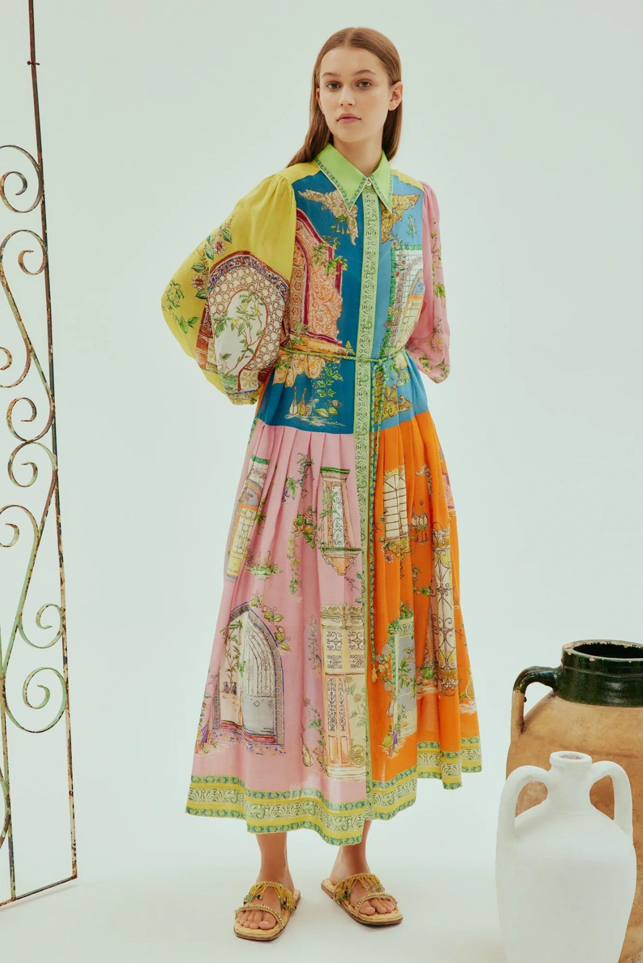 Single-breasted Long Lantern Sleeve Iti Printing Dress