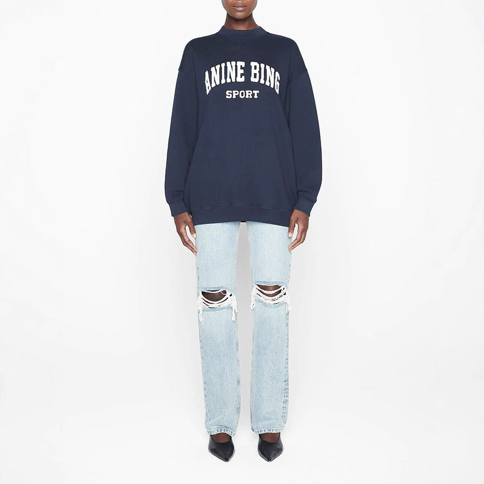 Women's Autumn Wear Classic Letter Flower Embroidery Inner Fleece Loose Sweaters