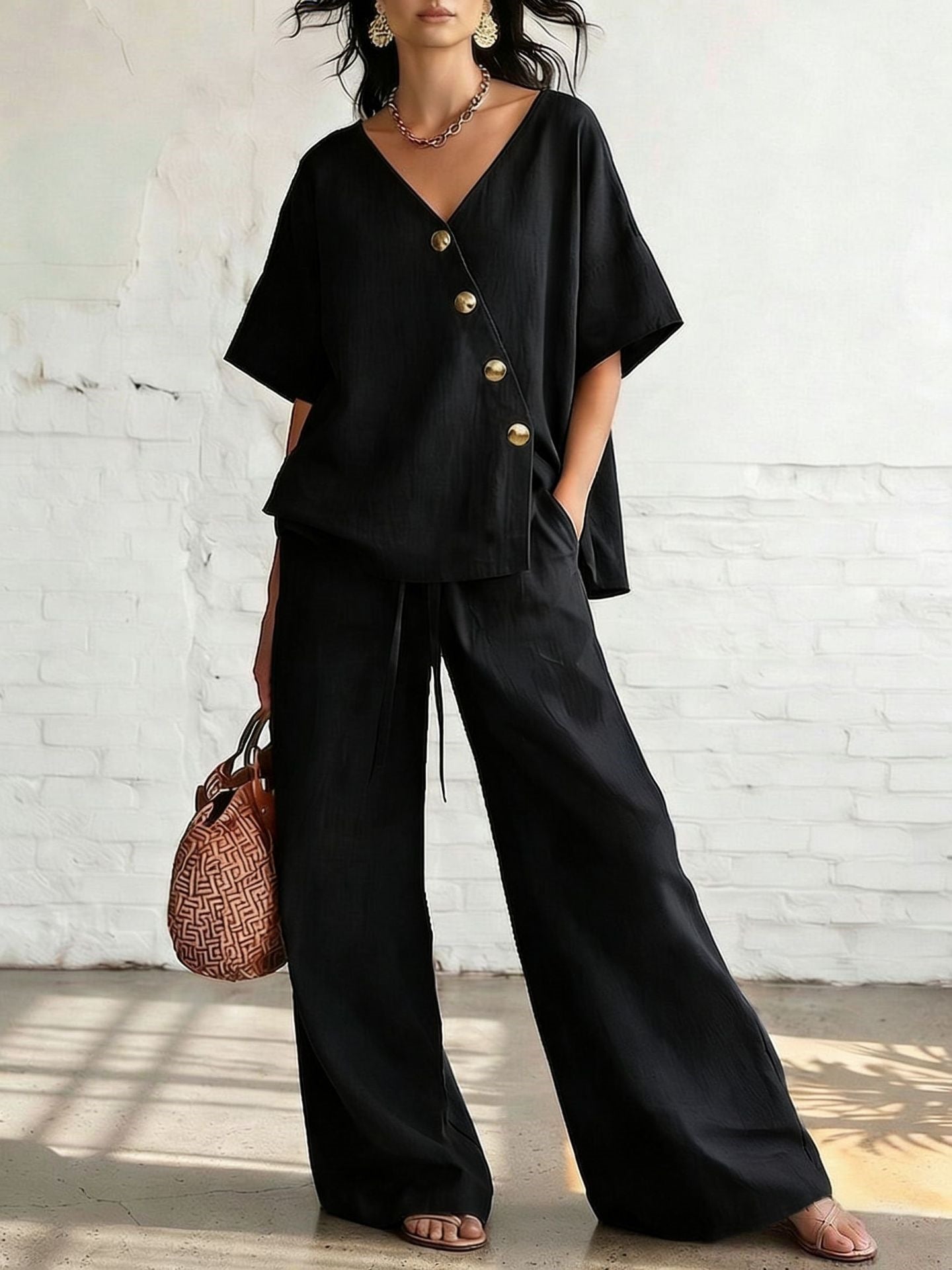 Women's Solid Color Loose Short-sleeved Drawstring Trousers Suits