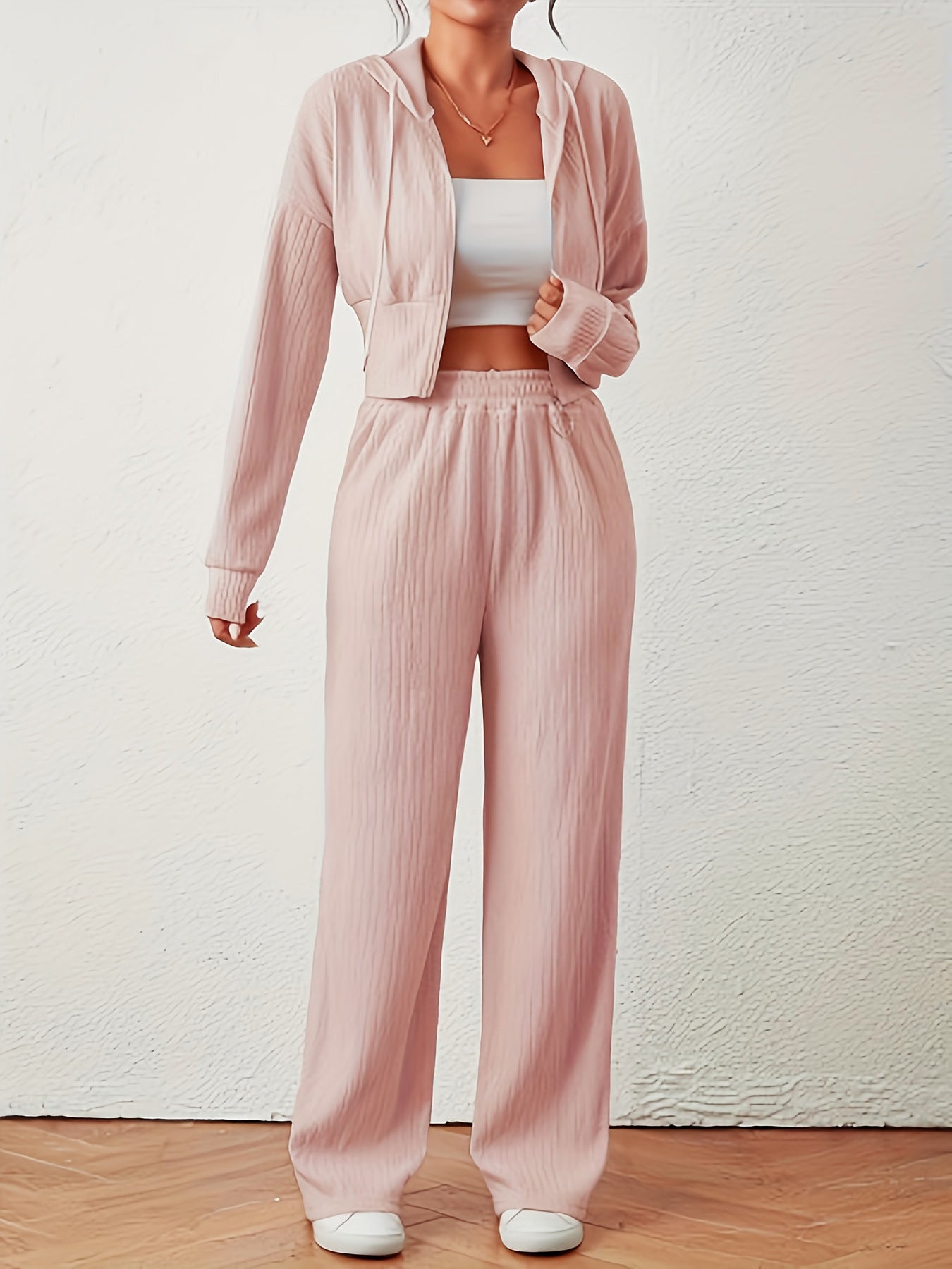 Color Texture Two-piece Long Sleeve Drop Shoulder Zipper Hoodie With Suits