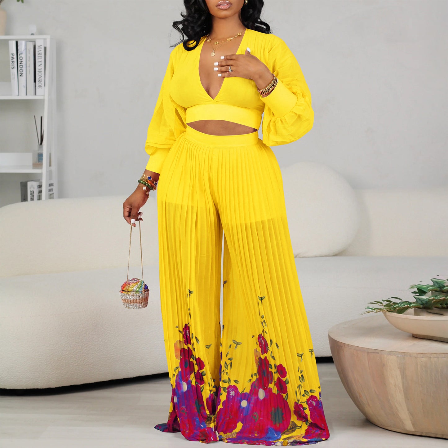 Pretty Chiffon Bishop Sleeves Pleated Two-piece Fashion Casual Suit