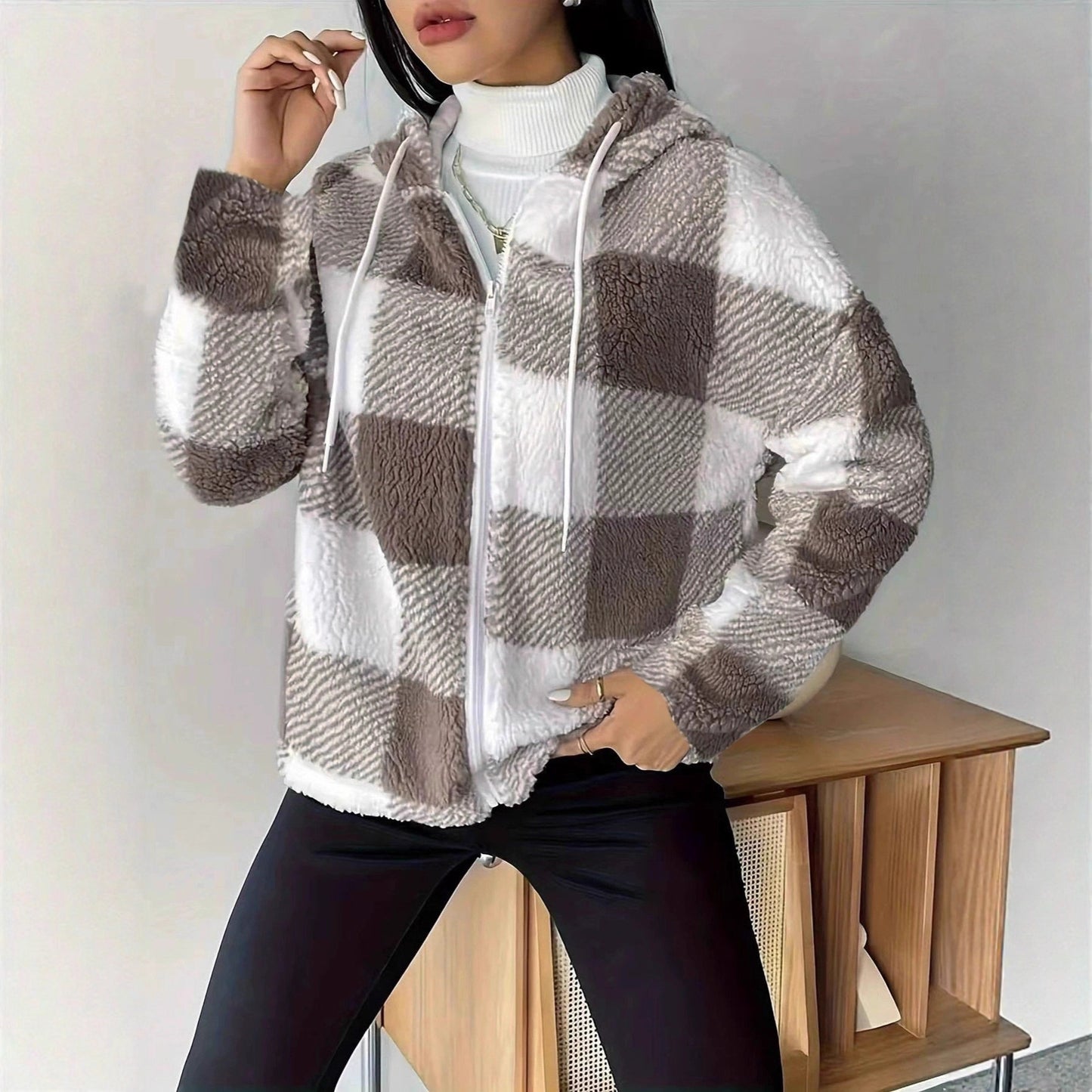 Women's Plaid Loose Casual Hooded Zipper Plush Jackets