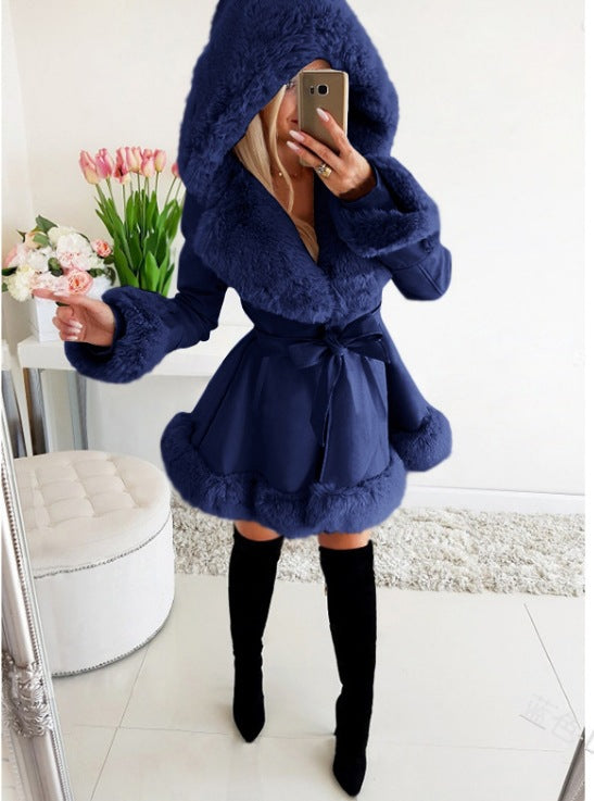 Women's Waist Trimming Winter Warm Ruffled Hooded Coats