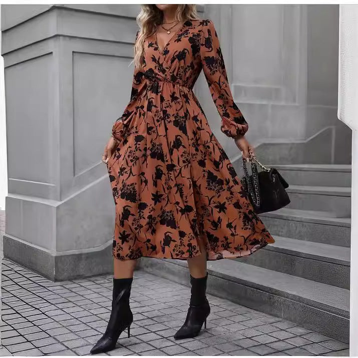 Elegant Floral Printed Slit Fashionable Long Dress