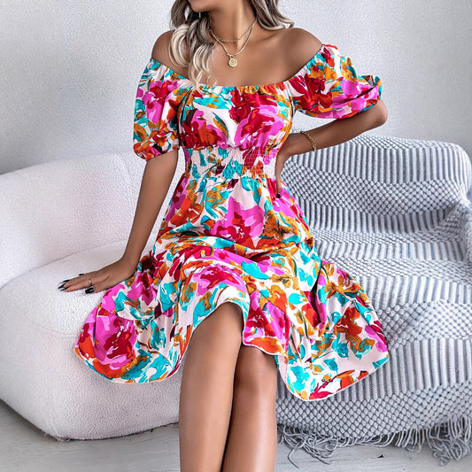 Women's Square Collar Sleeve Waist Trimming Ruffles Shorts