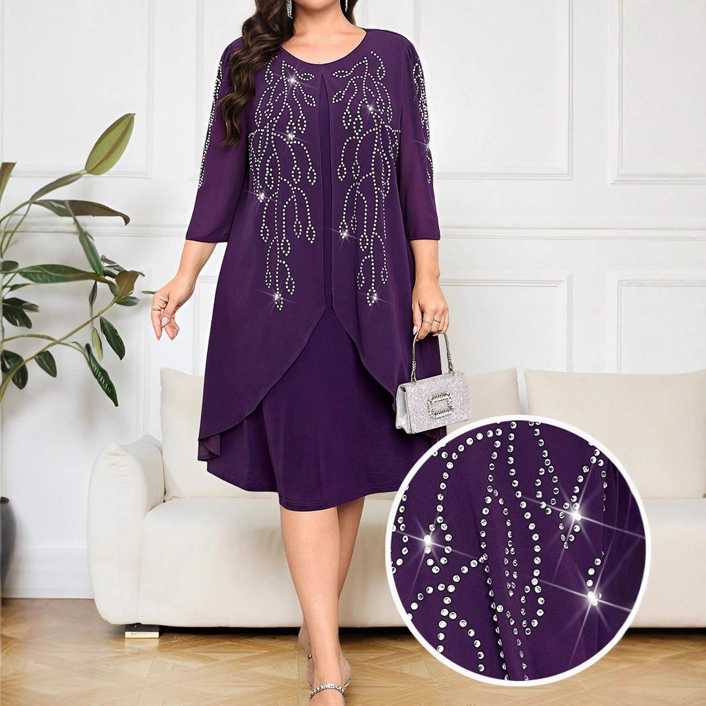Women's Half Sleeve Rhinestone Temperament Commute Pullover Fake Dress