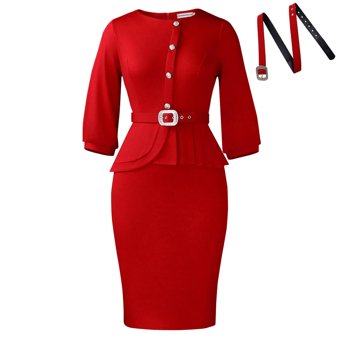 Elegant Stretch Round Neck Ruffled High Waist Temperament Sheath Solid Dress