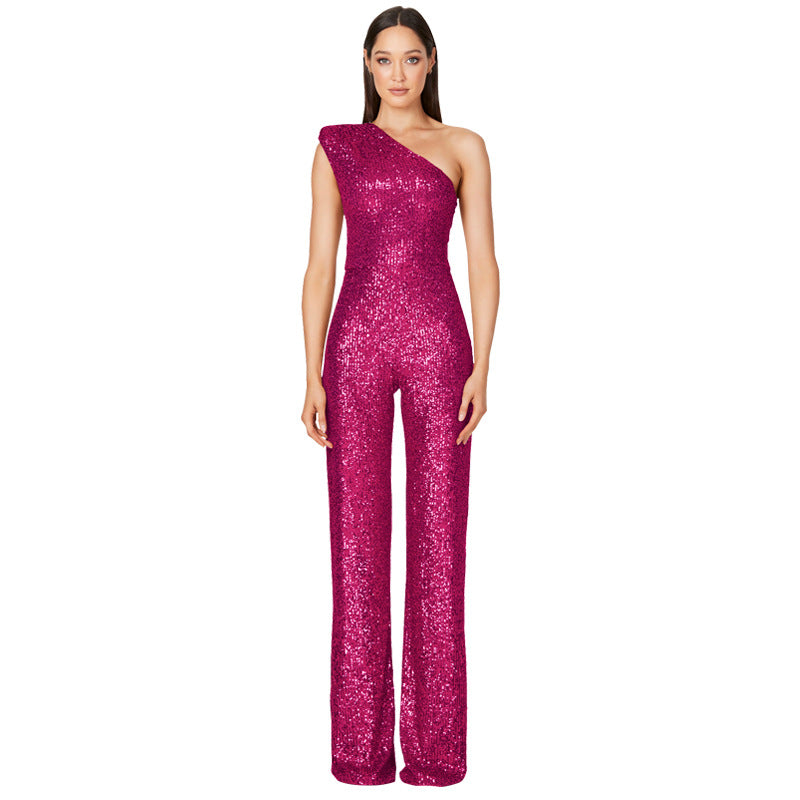 Women's Fashion Sleeveless One Shoulder Backless Sequined Jumpsuits