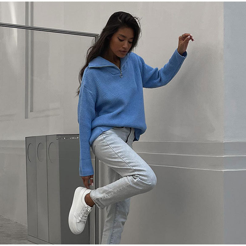 Women's Zipper Pullover Knitted Loose Casual Sweaters