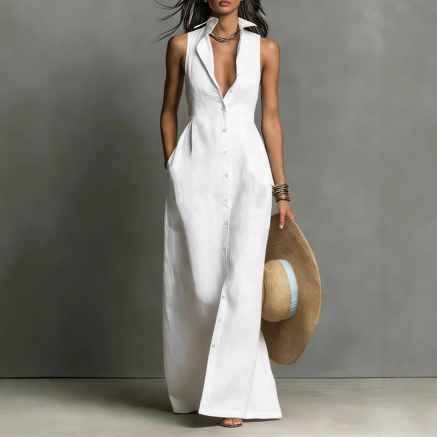 Classic Casual Summer Breasted Sleeveless Collar Dress