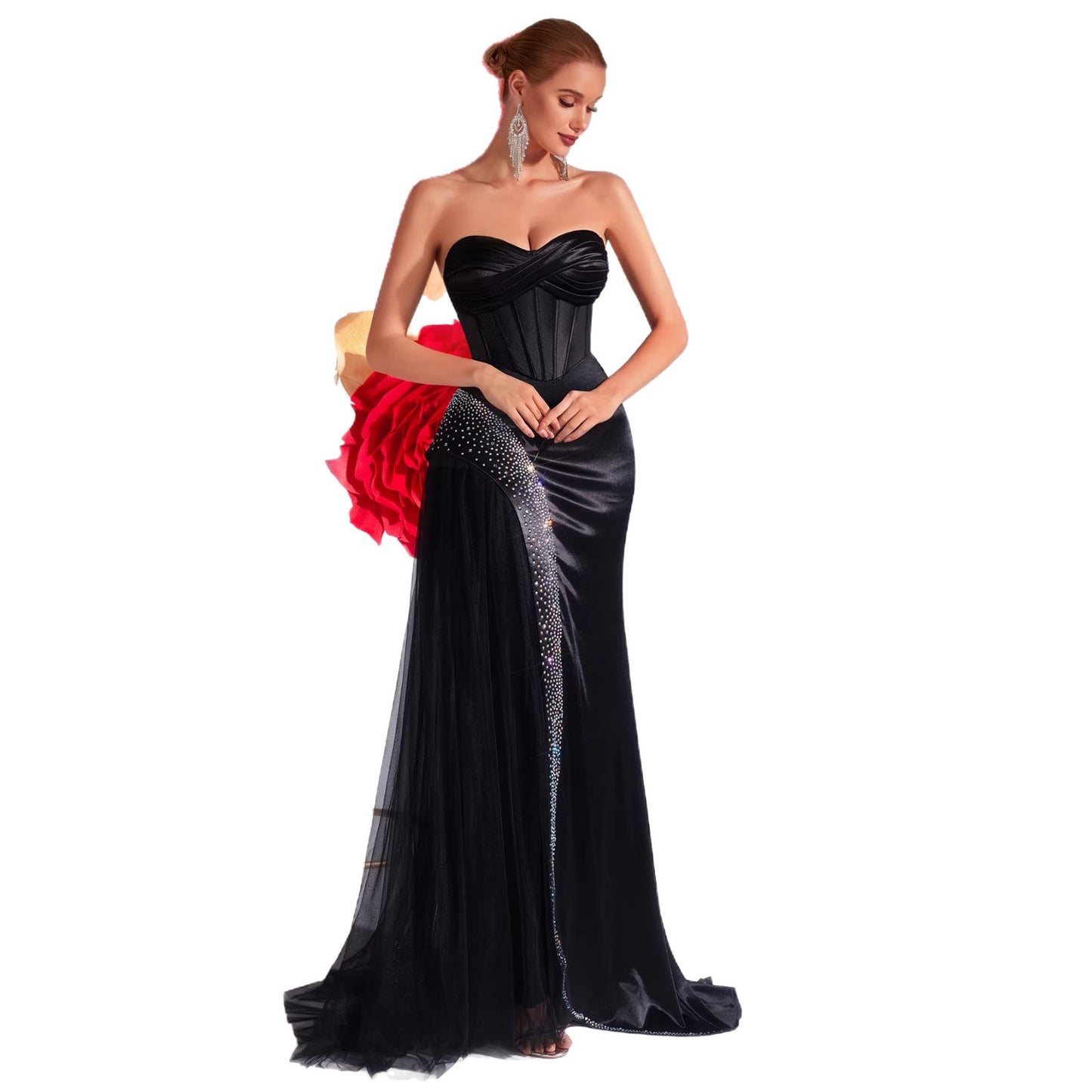 Luxury Minority Black Chest Wrap 3d Cutting Dress