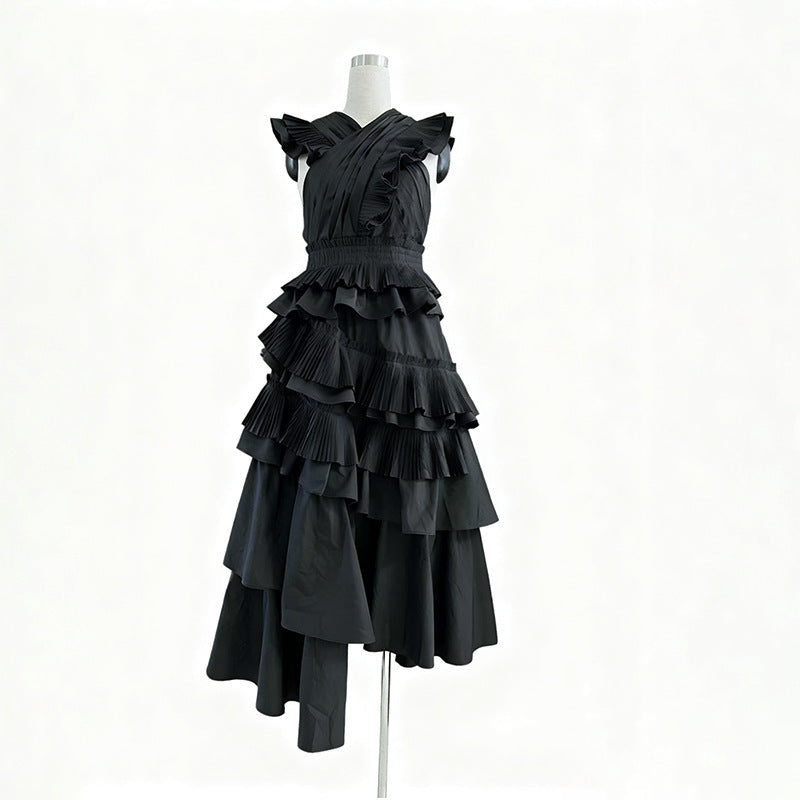Women's Elegant Wooden Ear Stitching High-grade Collar Cross Long Dresses