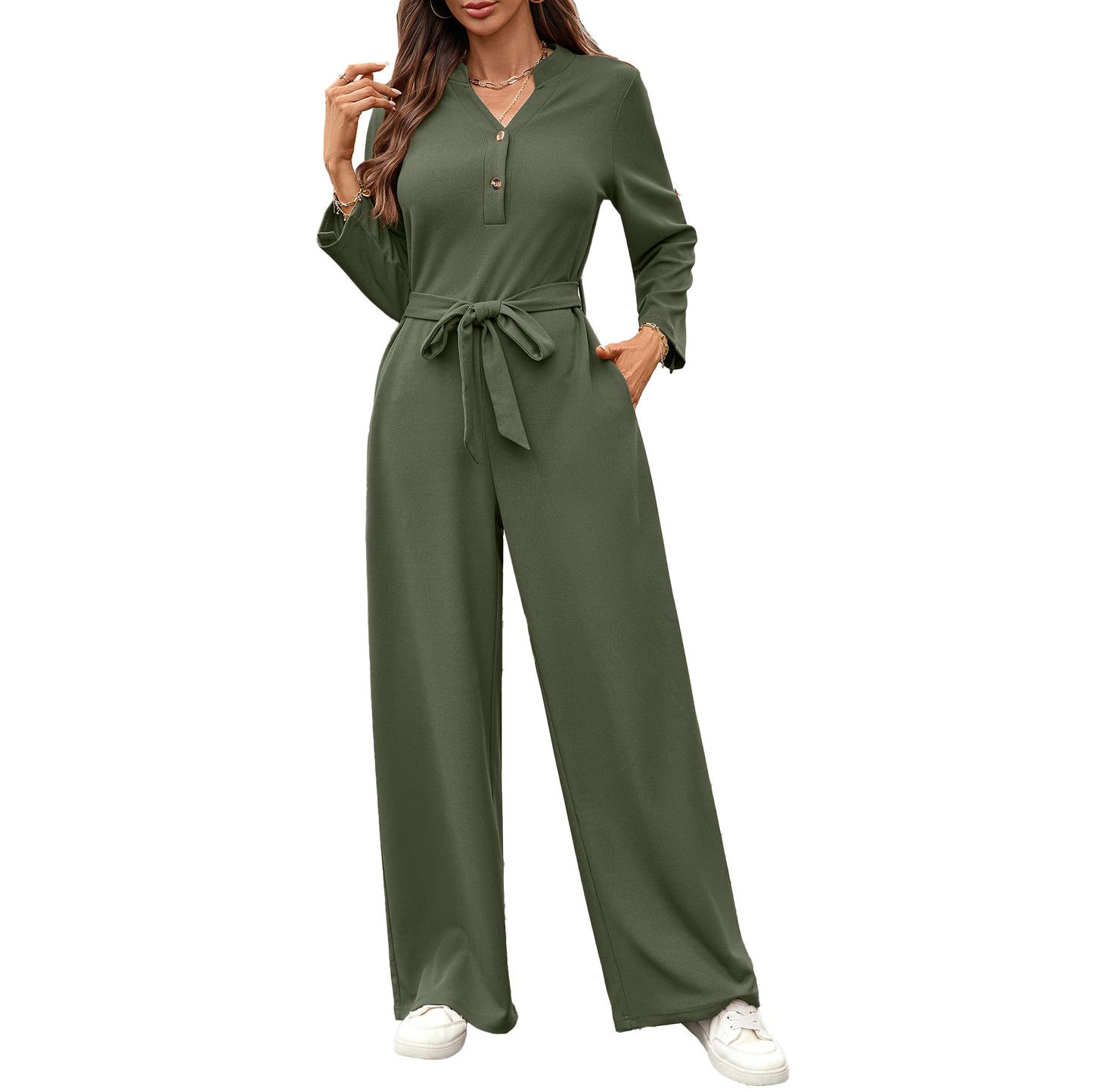 Solid Color High Waist Button Long Jumpsuits