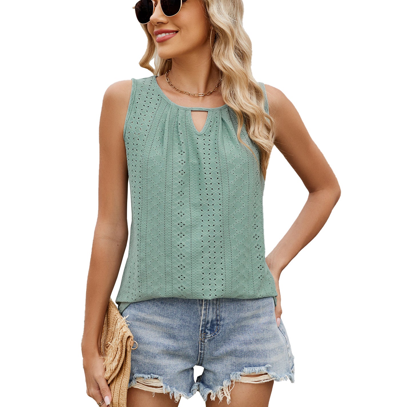 Women's Round Neck Pleated Tank Sleeveless T-shirt Blouses