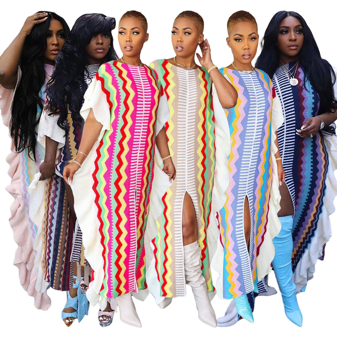 Women's Ruffled Knitted Striped Slit Long Dresses