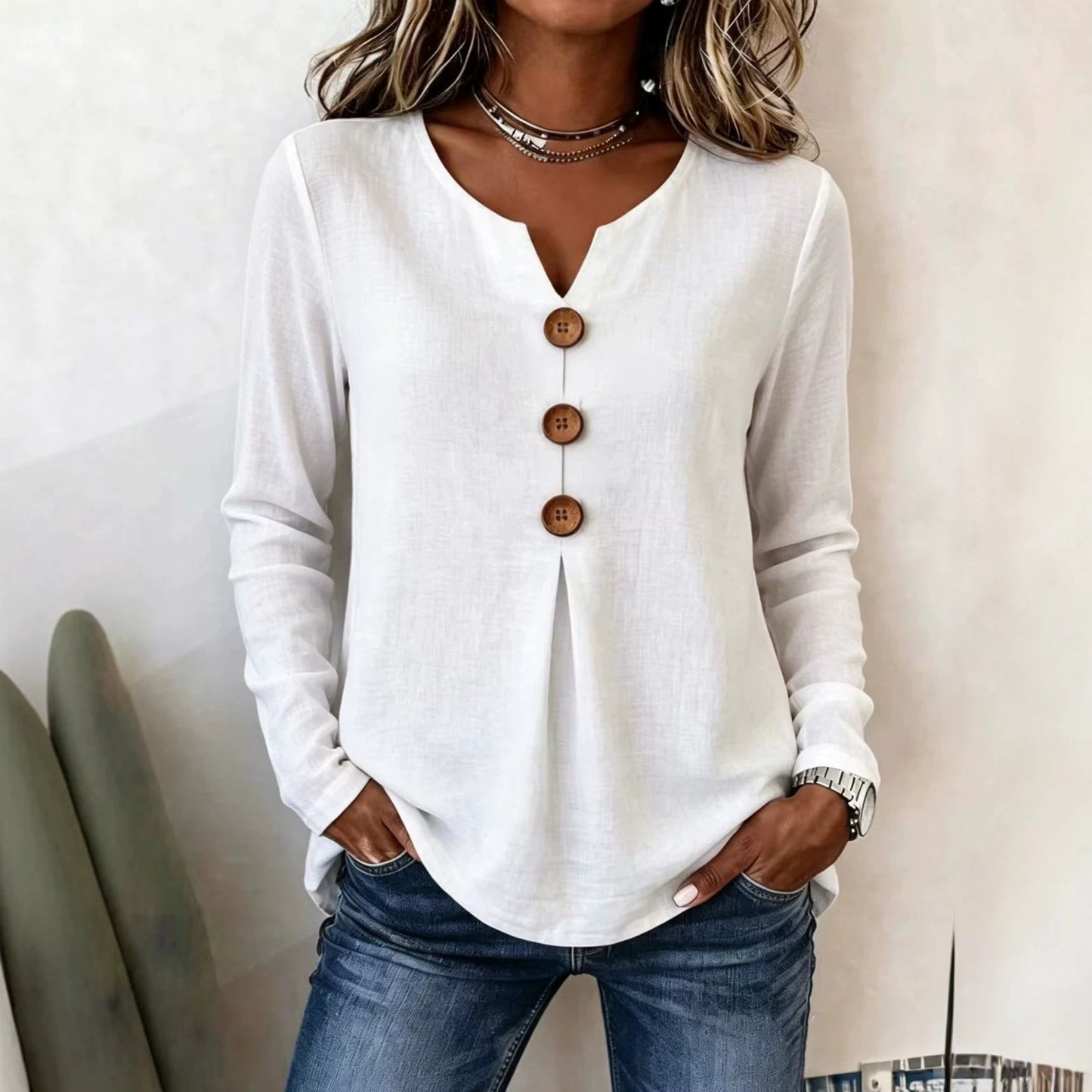 Women's Autumn Loose Solid Color Button Pleating Tops