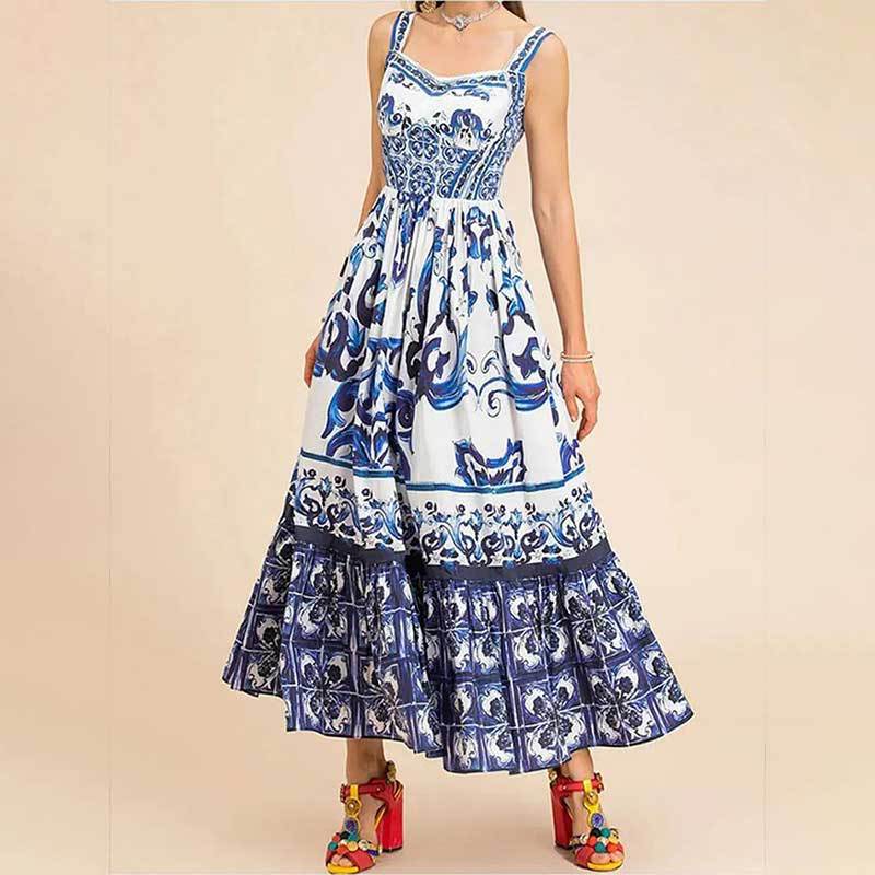 Women's Summer Printed Sleeveless Pleated Waist Tight Mid-length Sling Dress