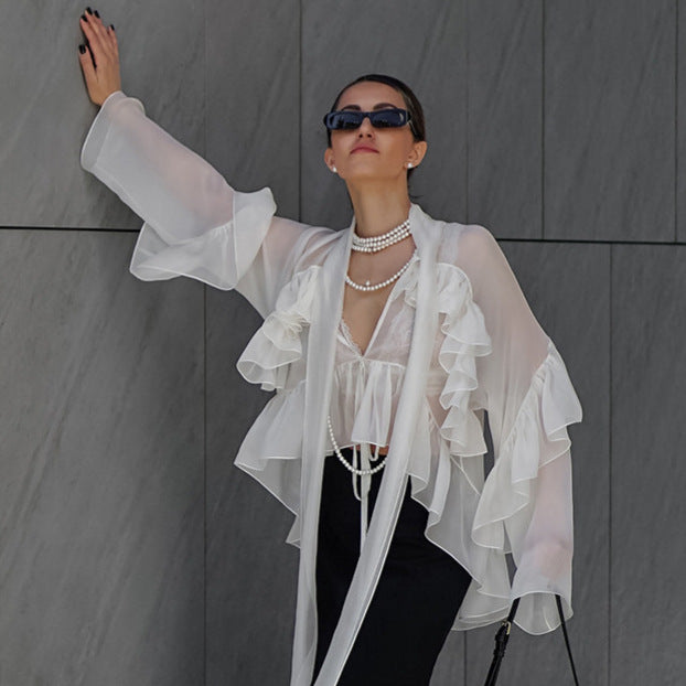 Women's French Ruffled Ribbon Shirt Fashion Wear Tops