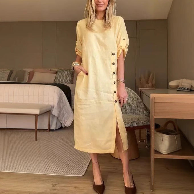 Women's Summer Style Loose Casual Solid Color Short-sleeved Cotton Dress