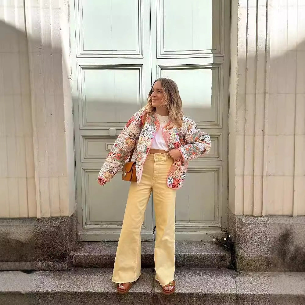 Women's Color Matching Printing Cotton Fashion Loose Jackets