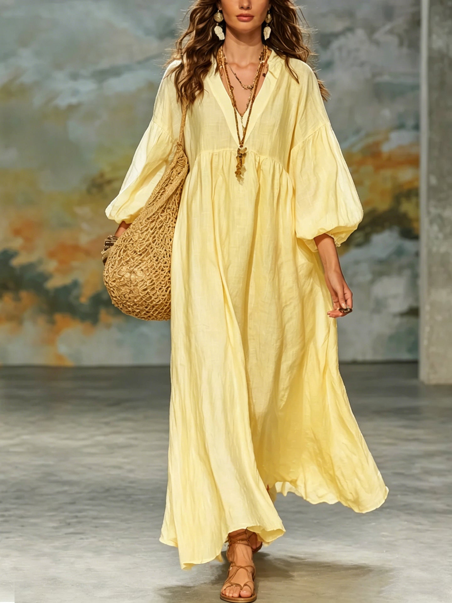 Women's Cotton Linen Deep V Lantern Sleeve Dress