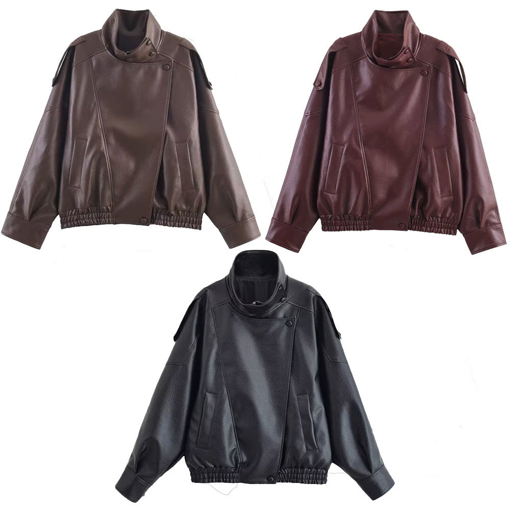 Women's Homemade Fashionable Casual Lychee Leather Coats