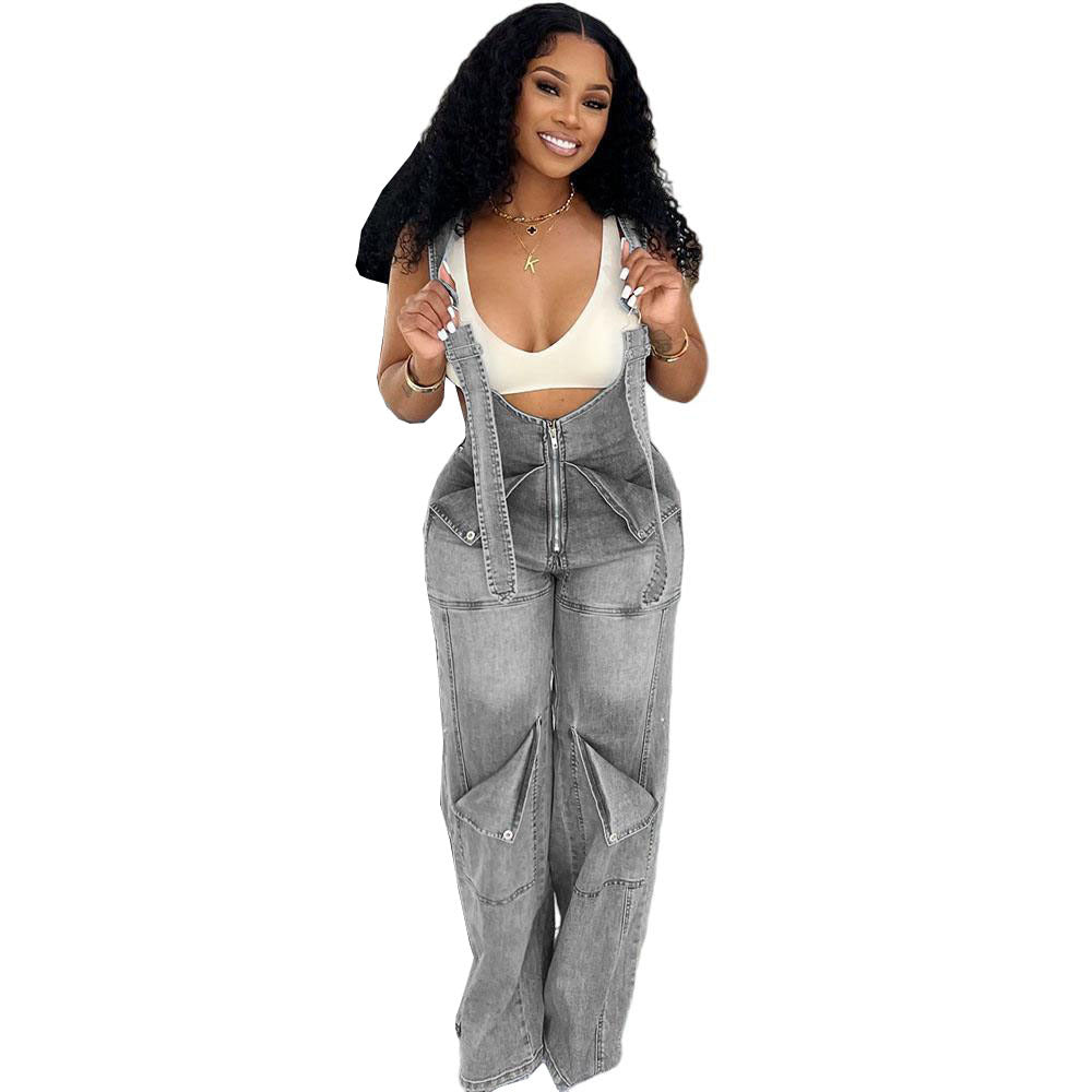 Women's Denim Overalls Summer Street Casual Zipper Washed Jumpsuits