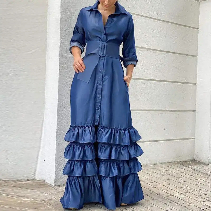 Long Solid Color Polo Collar Series Belt Dress