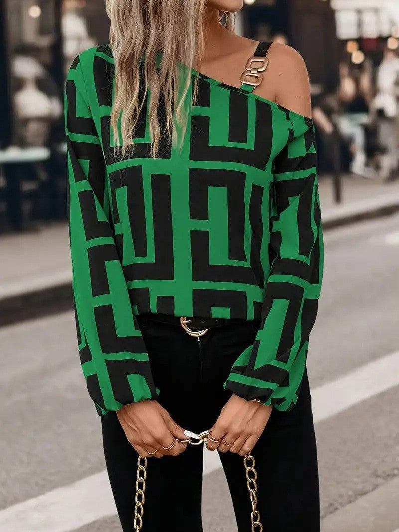Women's Fashion Geometric Printed Long Sleeve Off Blouses