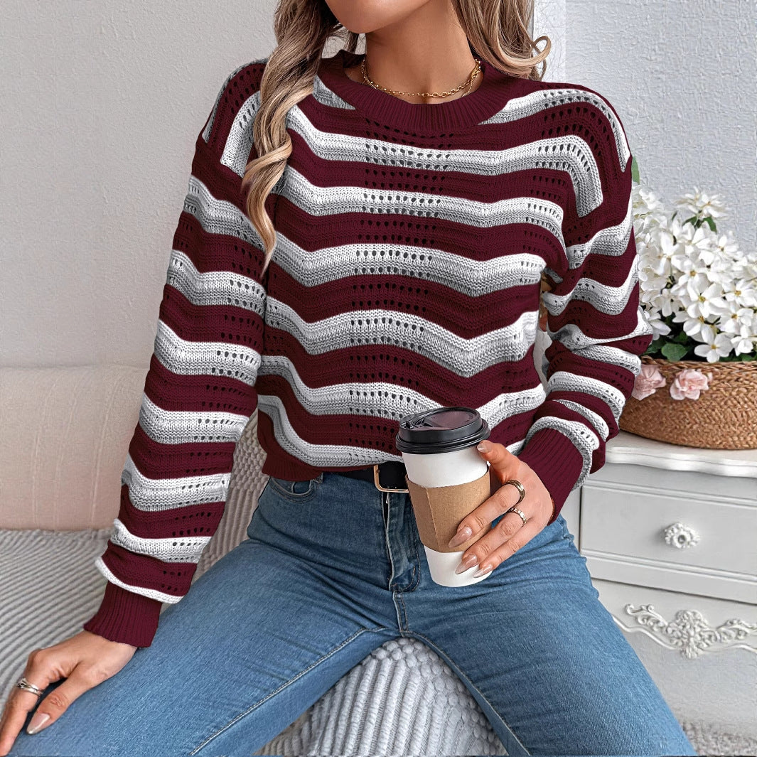 Women's Casual Spliced Striped Lantern Long Sleeve Sweater